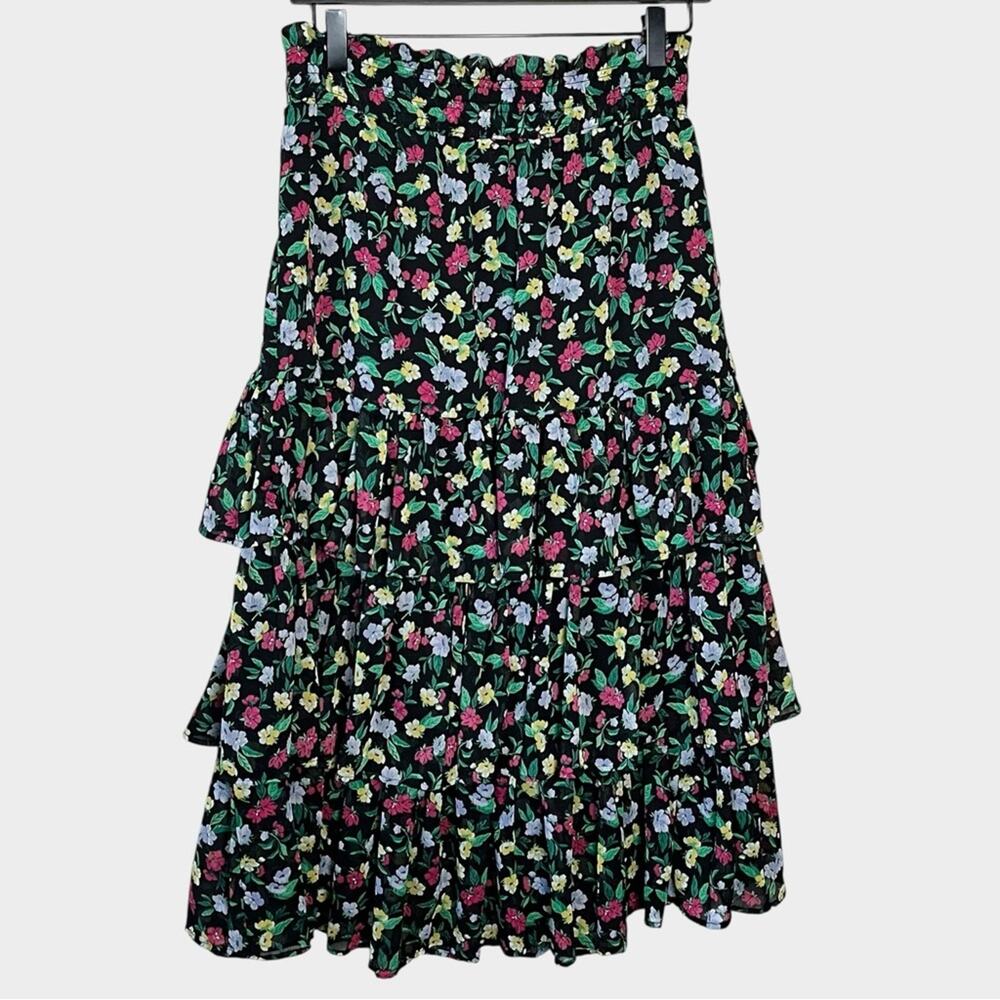 NWT ANN TAYLOR Black Floral Tiered Midi Skirt Size S Elastic Waist - Picture 3 of 5